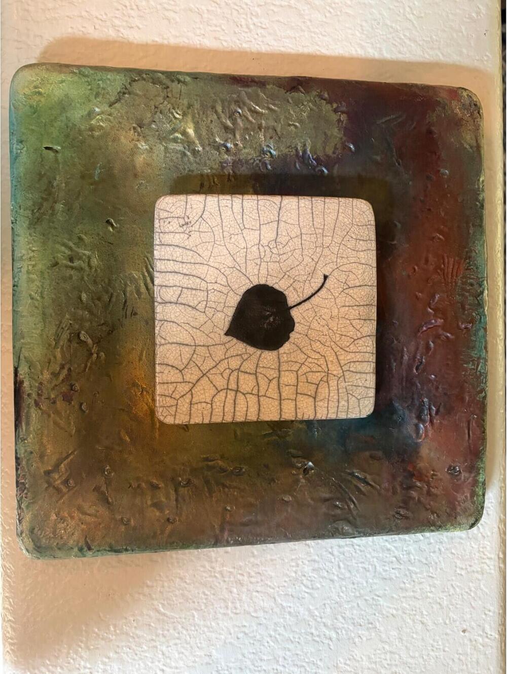 Signed Raku Studio Art Pottery square 10” Wall  Green purple with aspen
